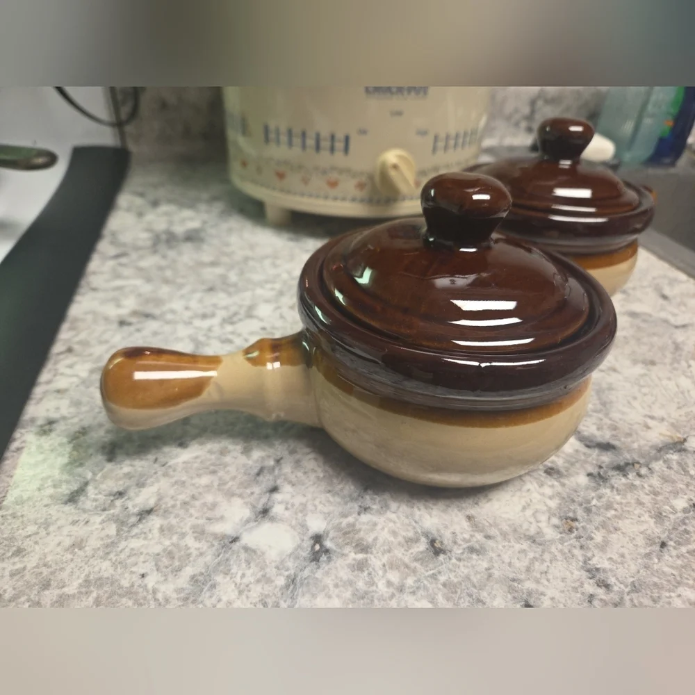 Two Stoneware Ceramic Soup Bowls With Handles And Lids - Vintage
